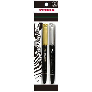 Zebra Brush Pen Metallic Silver Gold 2pk 12 pc Clip Strip