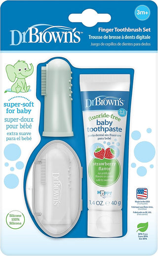 Dr Browns Finger Toothbrush with Strawberry Toothpaste Grey Light Green