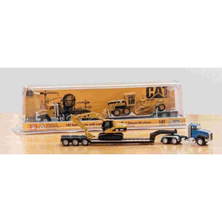 1:87 Scale Cat Semi Tractor With Lowboy Trailer And Cat Diecast Machine Asst